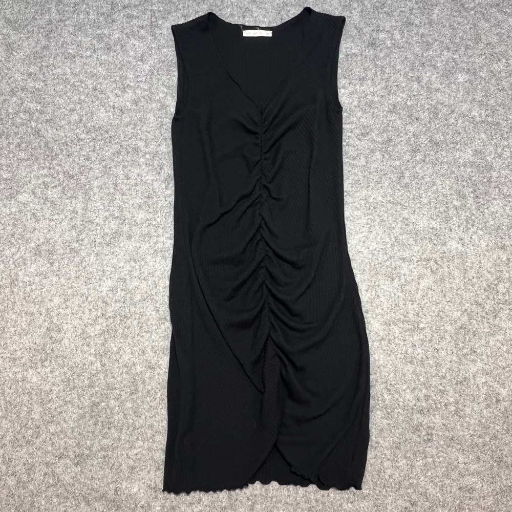 Antistar Womens Black Ribbed Ruched V-Neck Sleeveless Mini Dress XS